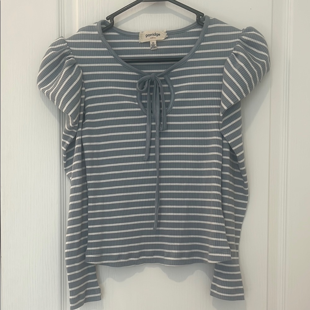 Blue and White Ruffled Puff Sleeve Blouse